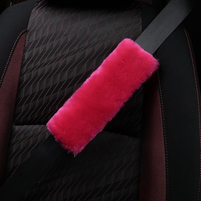 Soft & Cozy Australian Sheepskin Car Seat Belt Covers,2 Pack Fluffy Seatbelt Pads, Genunie Sheepskin Fur Shoulder Straps Cushions for Adults Kids Women and Men (Korea Red)