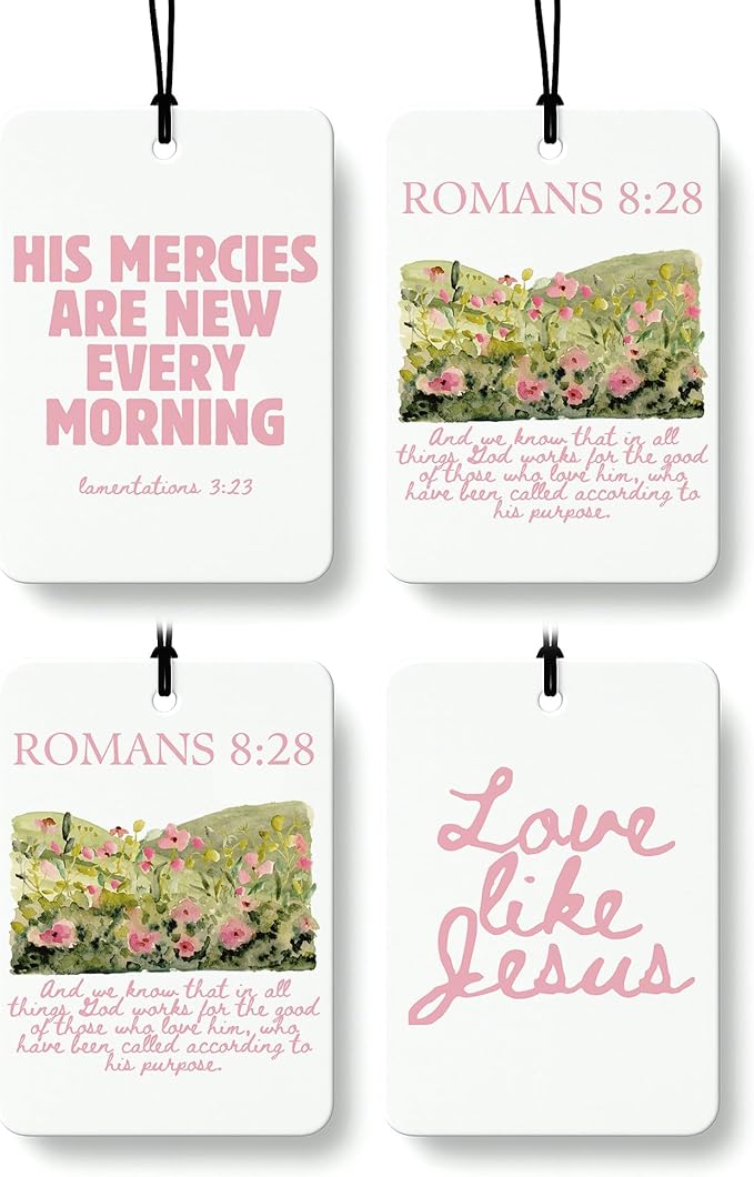 Pink Christian Car Air Freshener 4 Pcs Coconut Scented, Faith Based Girly Car Accessories Mirror Decor for Women, Religious Floral Hanging Air Freshener for Cars Closet Drawer Books