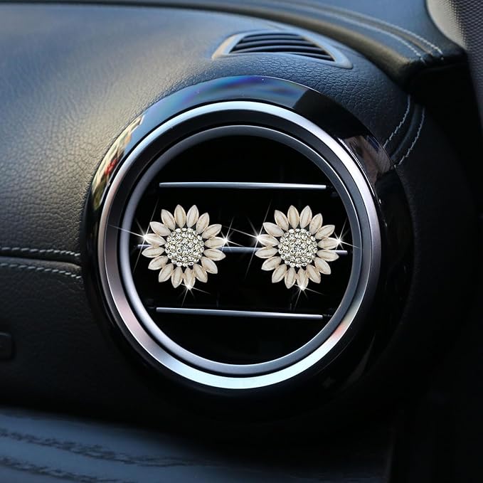 Sunflower Air Vent Clips Car Accessories Bling Sunflower Air Freshener Outlet Clips for Women Car Interior Decorations Cute Flowers Cars Clips Air Fresheners Interior Accessories (2, Beige)