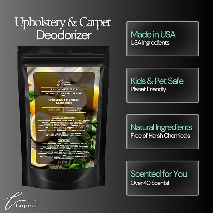 Lapew Lemon Mint Bliss Carpet Deodorizer Powder - Pet Safe Freshener for Vacuuming | Scented Odor Eliminator for Home | 16 oz