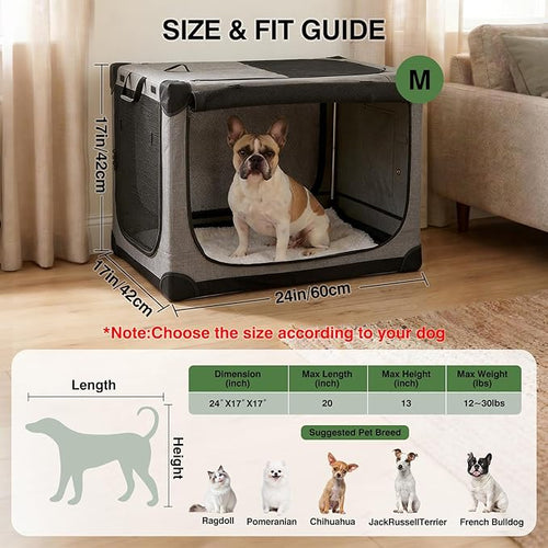 24" L x 17" W x 17" H Collapsible Travel Dog Crate, Portable Soft Dog Kennel for Small Medium Pets up to 30 lbs, 4-Door Foldable Travel Crate with Durable Mesh & Storage Bag, Grey