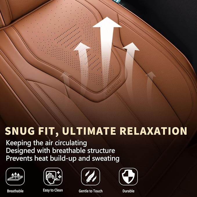 FLORICH Car Seat Covers Front Seats, Luxury Waterproof Faux Leather Seat Covers Cushion, Car Seat Protectors Universal Fit for Most 5 Seats Vehicles - Brown