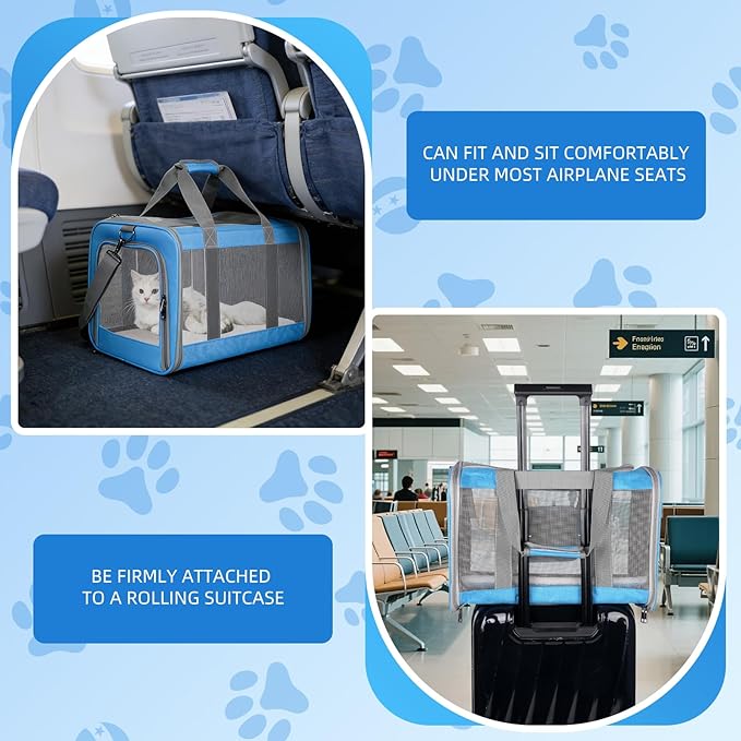 Cat Carrier for Large Cats up to 20 Lbs,Soft-Sided Pet Carrier for Large and Medium Cats, Small Dogs,Puppies,Collapsible Dog Carrier Travel Bag with 2 Storage Bags,4 Mesh Windows (Blue, Medium)