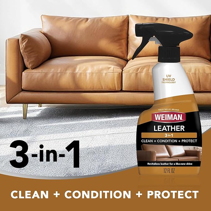 Weiman Leather Cleaner and Conditioner for Furniture - Cleans Conditions and Restores Leather Surfaces - UV Protectants Help Prevent Cracking or Fading of Leather Car Seats, Shoes, Purses