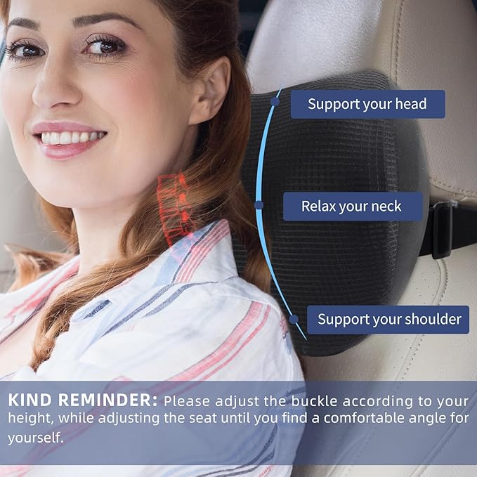 2 Pack Car Headrest Pillow, Comfy Head Rest Pillow for Car, 100% Memory Foam Car Neck Pillow for Driving - Universal Fit Travel Car Pillow for Pain Relief While Driving(Comes with 2 Eye Masks)