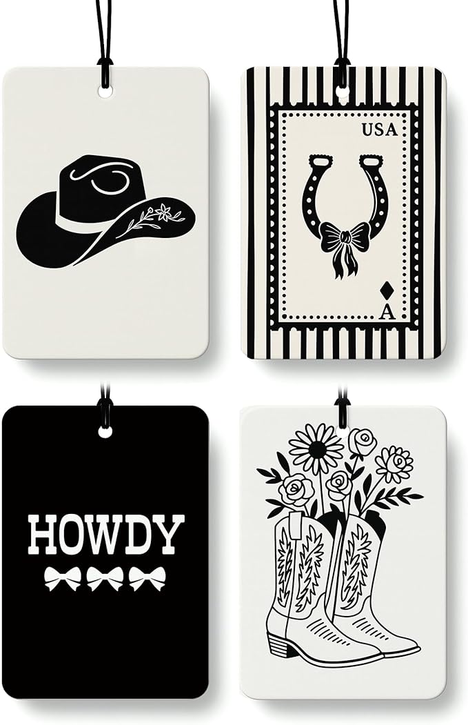 Rustic Western Car Air Freshener 4 Pcs Coconut Scented, Horseshoe Cowgirls Hat Boots Floral Car Accessories Mirror Decor for Women, Western Hanging Air Freshener for Cars Closet Drawer Books