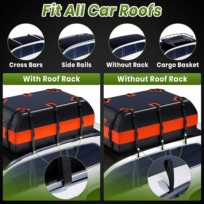 23 Cubic Feet Car Rooftop Cargo Bag Carrier, Soft Roof Top Luggage Bag for All Vechicles with/Without Racks - with Waterproof Zip, Luggage Lock, Anti-Slip Mat, Storage Bag, Door Hooks