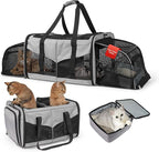 Expandable Cat Carrier for 2 Cats, Double Compartment Large Pet Carrier for Long Distance Car Travel, Includes 2 Portable Litter Boxes, Foldable Multi-Cat Travel for Road Trips & Camping, Gray