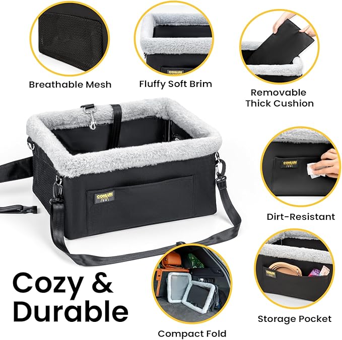 Dog Car Seat Booster for Small Pet Under 20lbs, Portable Travel Puppy Car Seat with Internal Steel Frame, Comfort Cushion & Storage Pockets, Adjustable Straps Fit Most Cars, Black