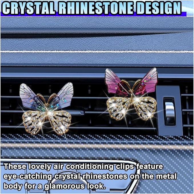 2PCS Bling Butterfly Car Air Vent Clips, Crystal Rhinestone Auto Air Conditioning Outlet Clip, Cute Car Vent Decorative Clip, Auto Interior Decoration Charm for Women (Butterfly)