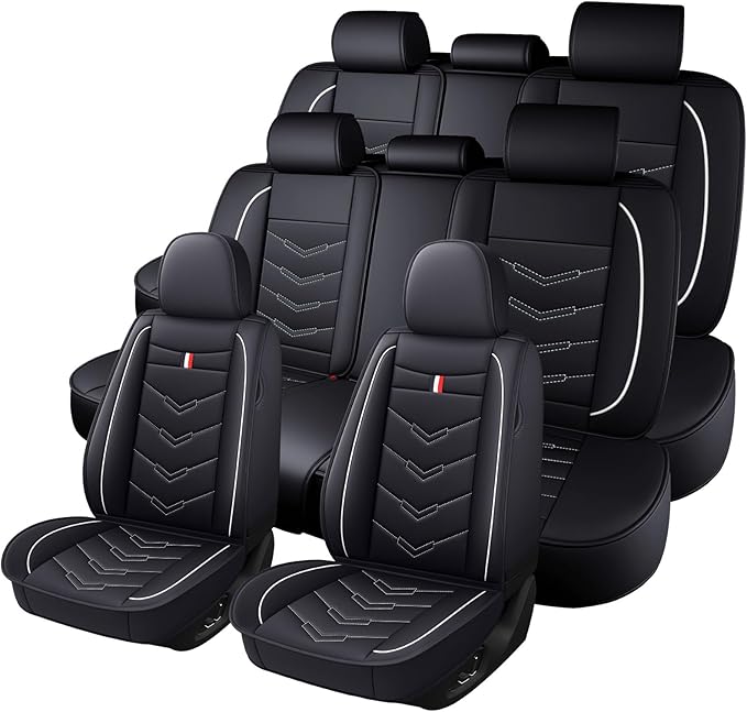 Car Seat Cover 8 Seats for Toyota Highlander 2001-2025, Waterproof Durable Premium Leather Car Seat Protector, Comfortable Anti-Slip Stylish Sport Seat Cover(8 Seats Standard,Black White)