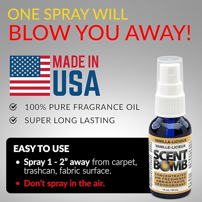 Scent Bomb Air Freshener Spray, 100% Oil Based Concentrated Air Freshener, Air Freshener Spray for Car, Room, Bathroom and Odor Eliminator (Vanilla-Licious)