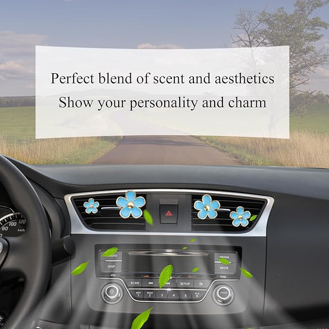 4pcs Flowers Air Vent Clips Car Air Freshener,Girly Flowers Car Accessories for Women,4 Sizes Light Blue Daisy Flower Car Vent Clips Cute Car Decor,Refillable Car Diffuser
