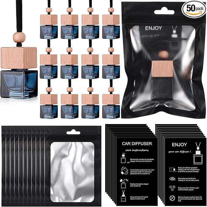Boao 50 Sets Hanging Car Air Freshener Diffuser Bottles with Instruction Card and 4 x 6'' Resealable Holographic Bag for Empty Car Essential Oil Perfume Bottles Packaging (Cube,Black)