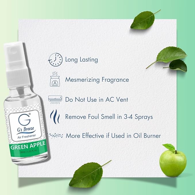 G’s Breeze Green Apple Air Freshener - Long-Lasting Refreshing Fragrance for Home, Car, Offices - 48 Hours of Fruity Scent of Crisp Apple Fruity - Oil Burner Compatible and Pet-Friendly