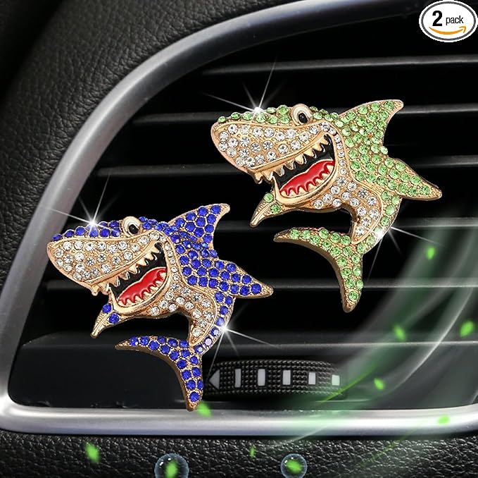 Generic 2 PCS Bling Rhinestone Sharks Car Air Vent Clips Cute Marine Animals Car Air Freshener Clip Air Conditioning Outlet Clip Funny Car Interior Decoration Accessories for Women Men (Blue Green)