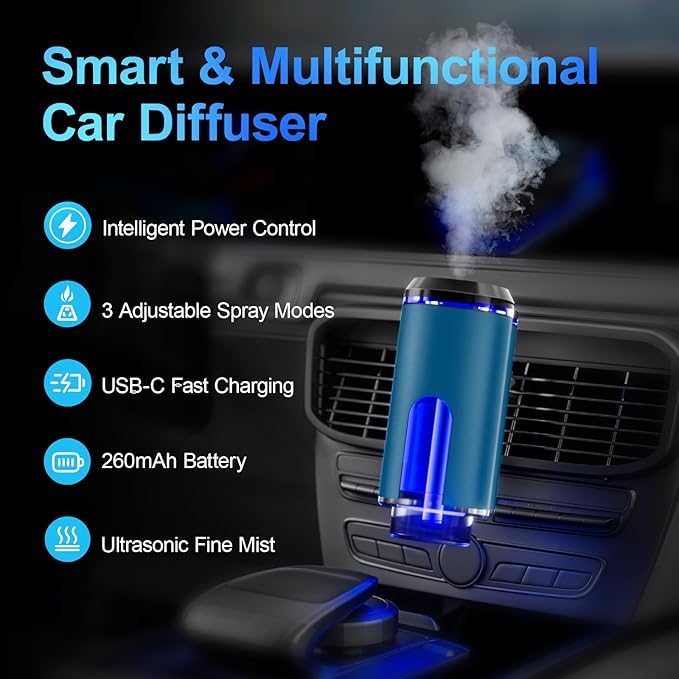 Smart Car Air Freshener Diffuser – Auto On/Off Aromatherapy Diffuse with 3 Scent Modes, USB Rechargeable, Vent Clip, Long-Lasting Essential Oil Refills – Stylish Automobile Decor, Car Accessory& Gift