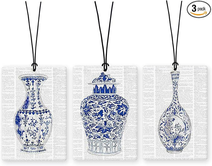 Lacama Retro Blue Chinoiserie Car Air Freshener 3Pcs, Vintage Newspaper Chinoiserie Cars Scents Air Freshener for Women Girls Gifts, Grandmillenial Car Accessories Interior Mirror Decor Hanging
