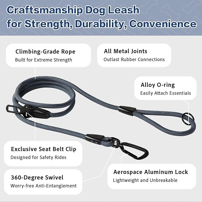 PawsPassion Rope Dog Leash 6 FT, 2-in-1 Heavy Duty Dog Leash with Seat Belt Buckle, Tangle Free 360ｰ Swivel Aviation Aluminum Carabiner, All Metal Hardware, Alloy O-Ring (Nightfall)