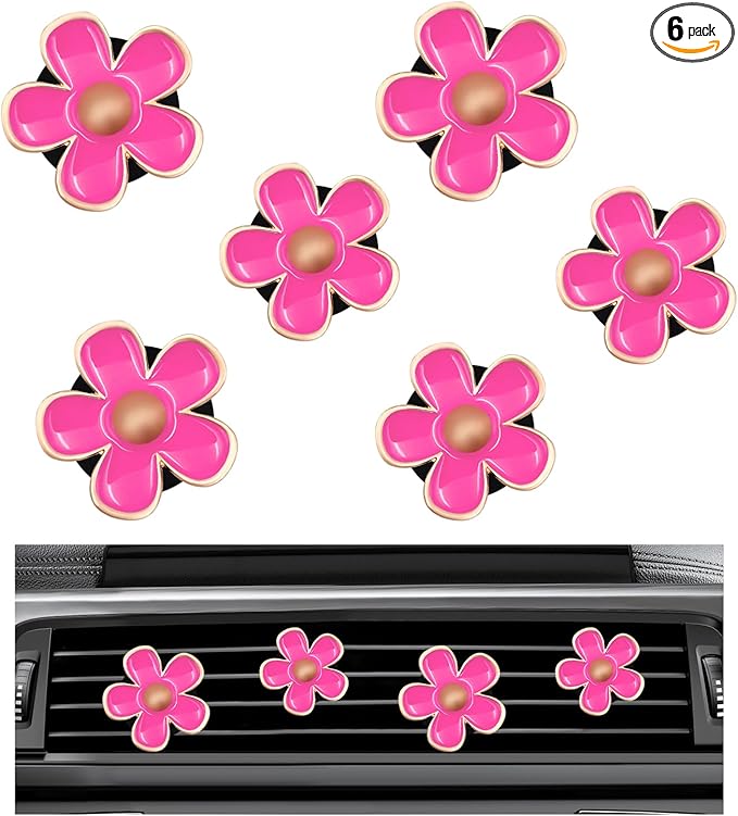 6PCS Car Air Vent Clip, Daisy Flower Auto Scents Air Freshener Clip with 6 Fragrance Piece, Decorative Auto Air Conditioning Clip for Women Girl, Universal Car Accessories (Pink)