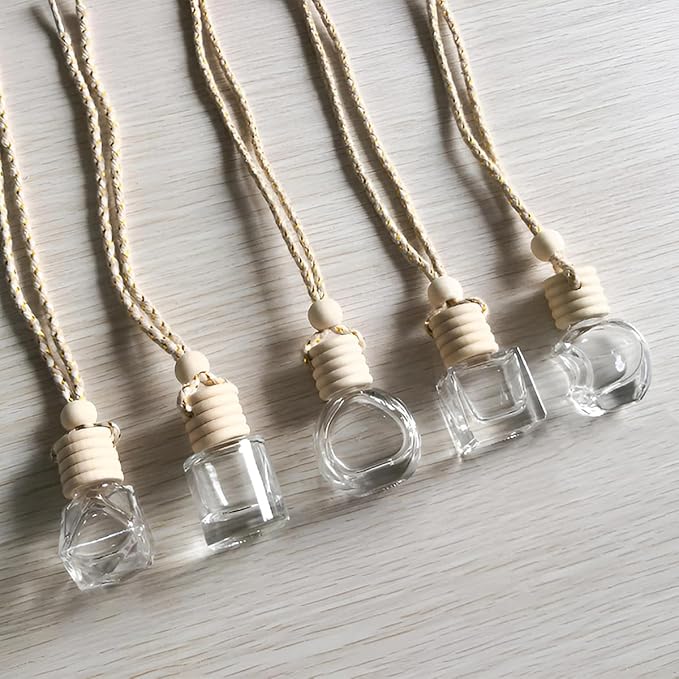 5PCS Hanging Car Air Freshener, 8 ml Oil Diffuser Perfume Aromatherapy Pendant Empty Glass Bottle, Fragrance Ornament with Vent Clip Wooden Cap and Rope, Auto Interior Decoration (Square)