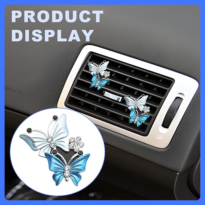 Car Shiny Dual Butterfly Air Outlet Clips, Crystal Air Fresheners Vent Clips, Car Diffuser Vent Clip Rhinestone Diamond Interior Decor, Car Decoration, Bling Car Accessories (2 Pcs Blue)