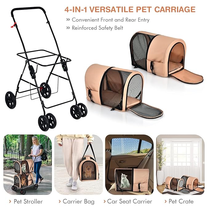 Giantex Double Pet Stroller with 2 Detachable Carrier Bags, Safety Belt, 4 Lockable Wheels, Folding Cat & Dog Stroller for Small Medium Pets, Cats Dogs Puppy Travel Strolling Cart (Beige)