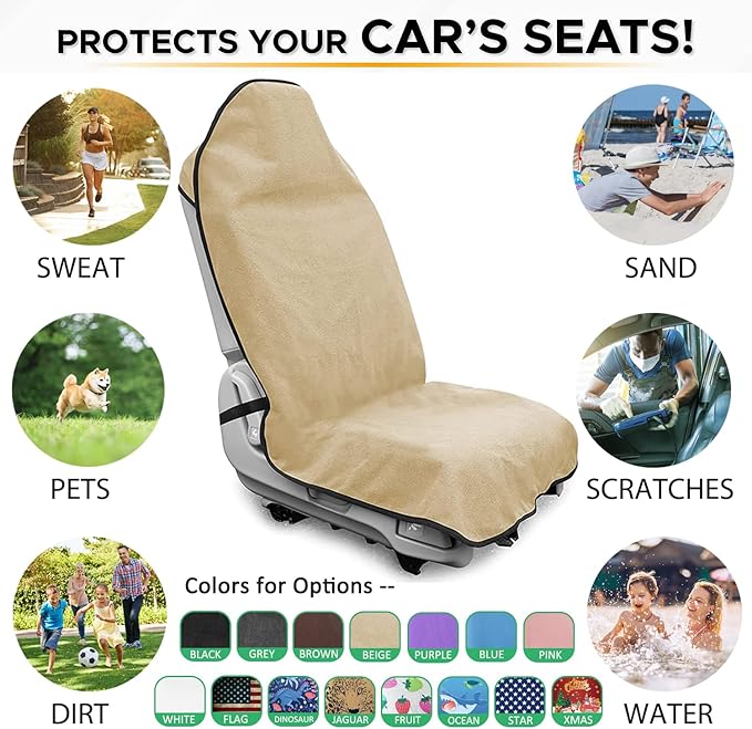Waterproof Sweating Car Seat Cover for Post Gym Workout, Running, Swimming, Beach and Hiking, Universal Fit Non-Slip Bucket Seat Protector for Cars SUV Trucks, Machine Washable (2pcs Off-White)