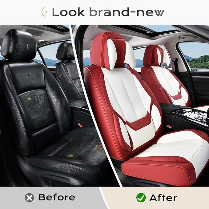 Coverado Seat Covers, Car Seat Covers Front Seats, Car Seat Cover, Car Seat Protector Waterproof, Seat Cushion Nappa Leather with Head Pillow, Carseat Cover Universal Fit for Most Cars (Red&White)