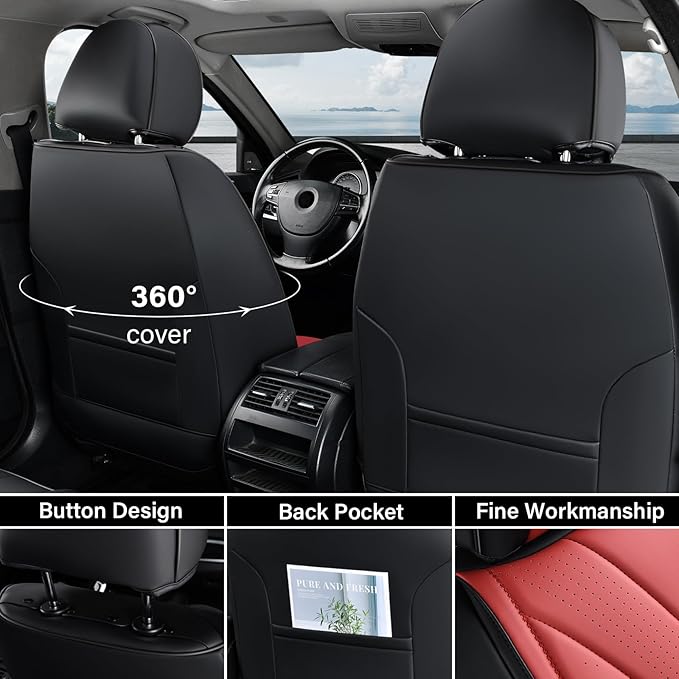 Coverado Car Seat Covers Full Set, Premium Leather Seat Cover for Cars, Front and Back Car Seat Protector, Waterproof Car Seat Cushion Universal Fit for Most Vehicles(Black&Red)