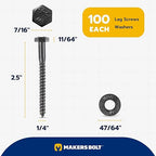 1/4 x 2-1/2 (100 Pack) Lag Screw Kit, 100 Screws and 100 Washers, Ceramic Black Ruspert Coating for Exterior Use, Meets ASTM A307 and ASME B18.2.1, Industrial/Commerical Grade by Makers Bolt