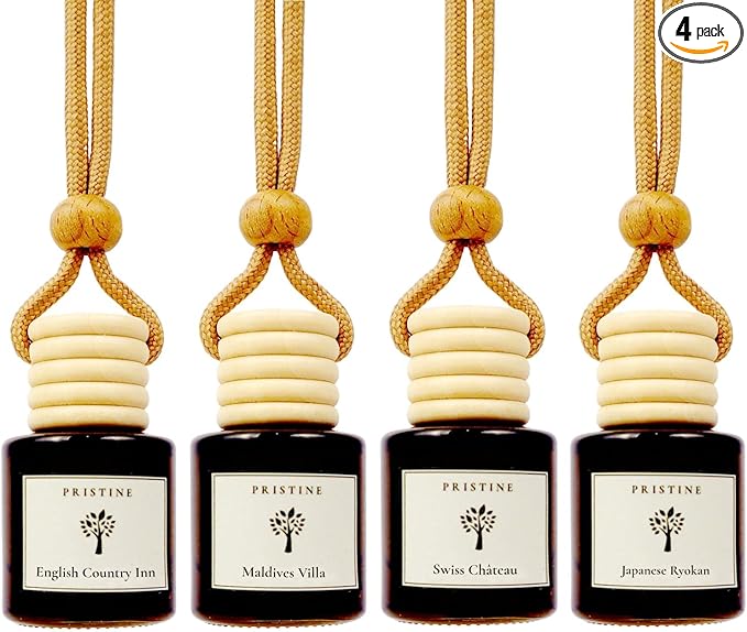 PRISTINE Car Air Freshener/Top 4 Hotel Blend Essential Oils 4 Pcs Set Mini Hanging Teakwood Cap Diffuser for Car Aroma Scenting/Cute Long-Lasting Fragrance for 30 Days of Aroma in Car