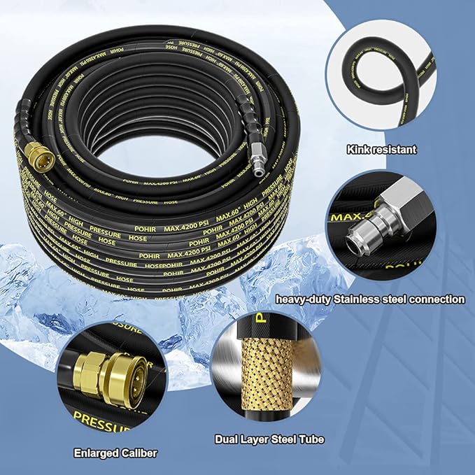 POHIR Pressure Washer Hose 150 FT with 3/8'' Quick Connect, High Tensile Wire Braided Power Washer Hose with 2 Quick Connect Kits, Compatible M22 14mm, Hose for Pressure Washer, 4200 PSI