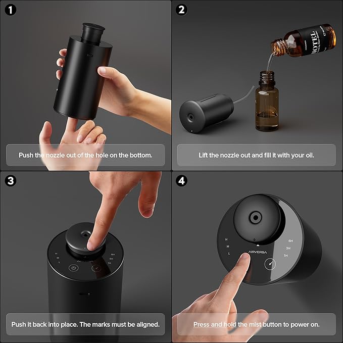 Airversa Waterless Essential Oil Diffuser Starter Kit with 4 x 10mL Fragrance Scent Oil, Battery Operated Mini Scent Air Machine Portable Diffuser for Home Car Office, ANX Black Kit-A