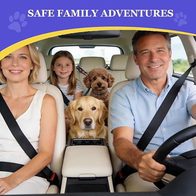 Double Dog Seat Belt for Car, Adjustable Headrest Restraint Safety Seatbelt with Reflective Bungee & Tangle-Free Swivel, No-Pull Split Leash for Vehicle Travel & Walking 2 Dogs, Black