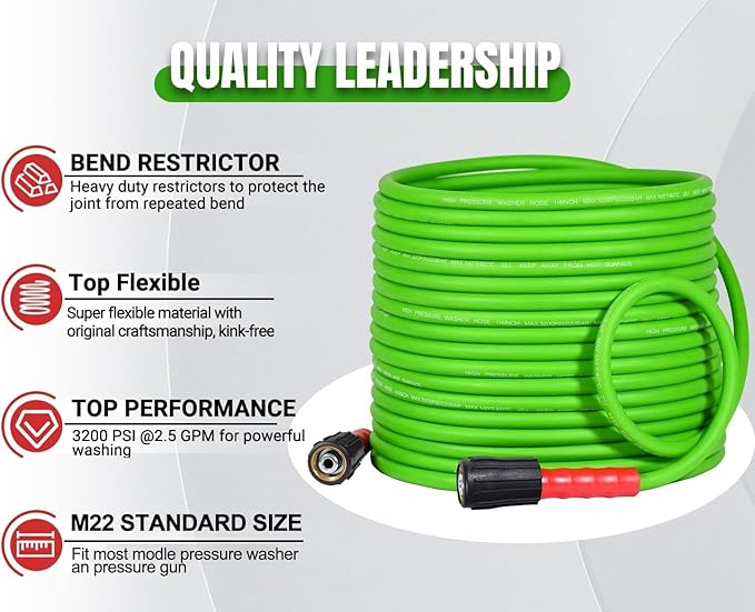 YAMATIC Pressure Washer Gun and Hose, 50 FT Flexible Hose with Stainless Steel Extension Power Washer Wand, 3/8" Swivel Quick Connect & M22-14mm Adapter Replacement for Ryobi Simpson Honda (Green)