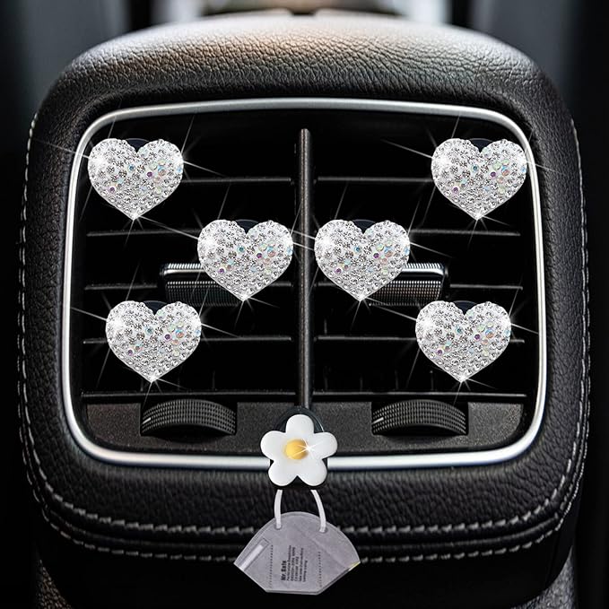 Bling Heart Air Vent Clips, 6 Pcs Silver Heart Cars Air Fresheners Vent Clips Car Diffuser Vent Clip Diamond Car Decoration Cars Interior Decor Cute Car Accessories for Women Girls + Flower Mask Hook