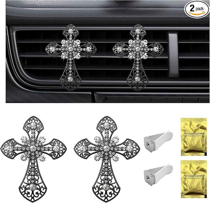 2PCS Bling Car Air Vent Clip, Crystal Cross Air Conditioner Outlet Air Fresheners Vent Clips, Sparkly Bedazzled Decor Rhinestone Cross Diffuser Clip, Interior Car Accessories (Black)
