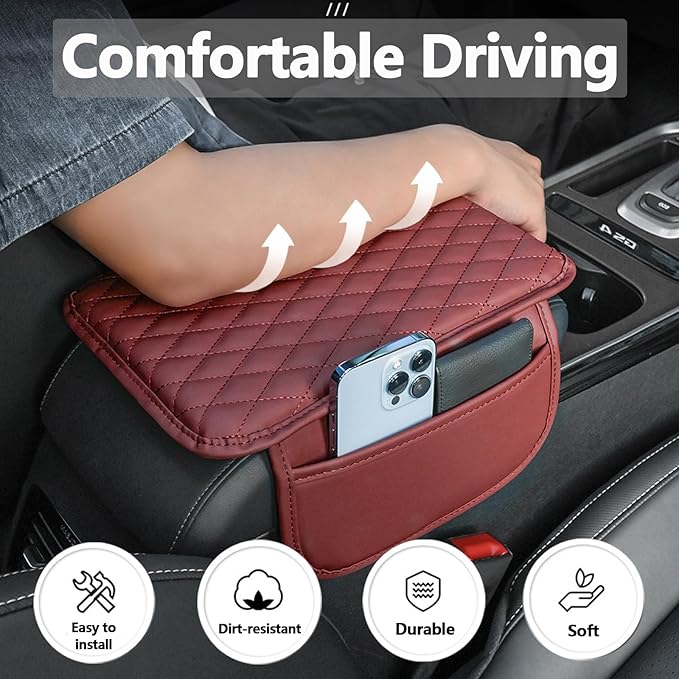 Upgraded Car Center Console Cover, Leather Armrest Cushion Pad with 2 Storage Bags, Microfiber Soft Waterproof Seat Box Cover Protector, Car Interior Decor Accessories Fit for Most Cars, Vehicles