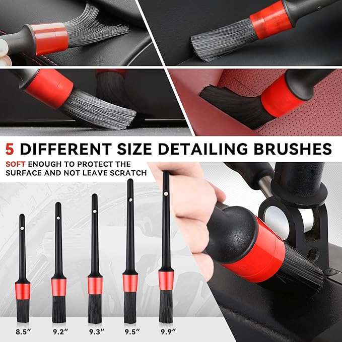 Auto Dynasty 19 Pieces Car Detailing Kit Wash Cleaning Tool Kit and Detailing Brush Set with Carry Bag Universal For Interior, Exterior, Wheels and Air Vent, Red