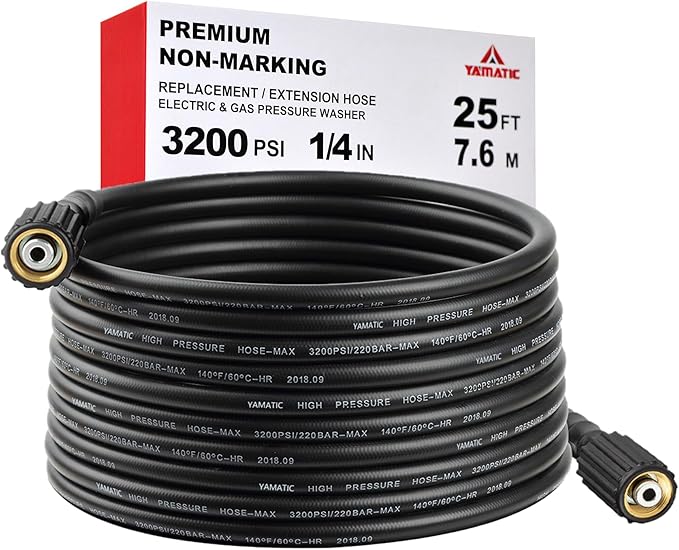 YAMATIC Pressure Washer Hose 25FT 1/4" Kink Resistant M22-14mm Brass Fitting 3200 PSI Power Washer Hose Replacement for Ryobi, Troy Bilt, Greenworks, CRAFTSMAN, Black