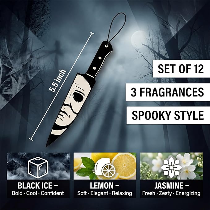 12Pcs Car Air Fresheners Horror Movie Style, Classic Character Knife Design Hanging Scent Cards for Rearview Mirror, Gothic Creepy Decor, Halloween Christmas Gift. (Horror Knife)