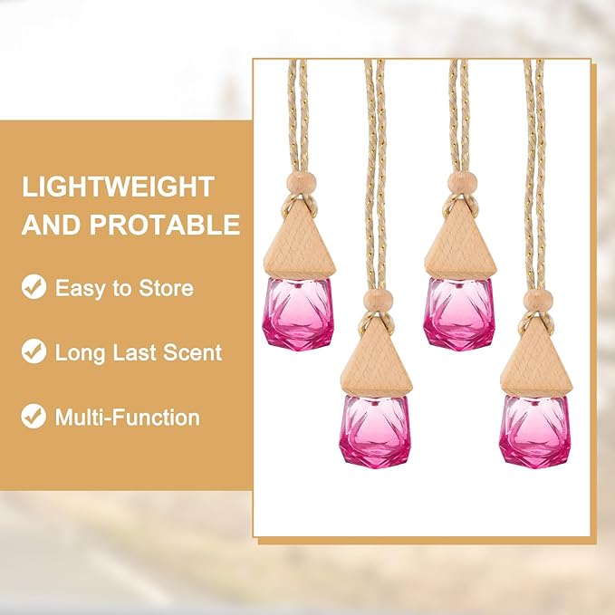 uxcell 4pcs Hanging Car Air Freshener Perfume Bottle, 8ml Pendant Empty Clear/Rose Red Glass Essential Oil Aromatherapy Diffuser with Wooden Cap for Car Decor (Clear/Rose Red, Rhombus)