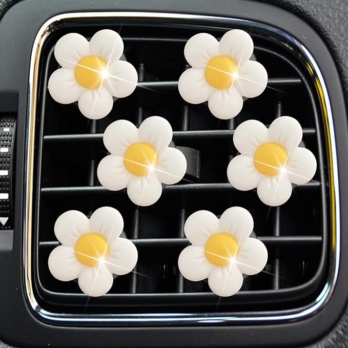 Cute Daisy Air Vent Clips, 6 Pcs Flower Car Air Fresheners Vent Clips Car Diffuser Vent Clip Charm Decoration for Women Cute Interior Decor Accessories + Sunflower Mask Hook (White)