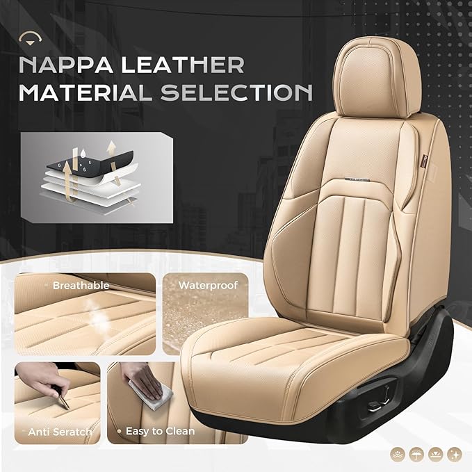 Coverado Car Seat Cover, Cover for Cars Front Seat, Premium Leather, Universal Fit Waterproof Seat Protectors, Car Seat Cushion Non-Slip for Most Cars-Beige