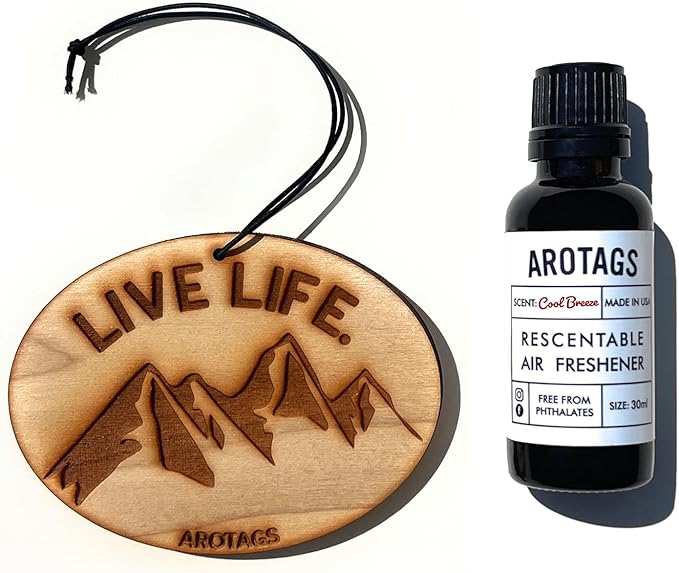Arotags Wooden Car Air Fresheners - Long Lasting Cool Breeze Scent Diffuses for 365+ Days - Includes Mountain Adventurer Hanging Mirror Diffuser and Fragrance Oil - 100% American Made