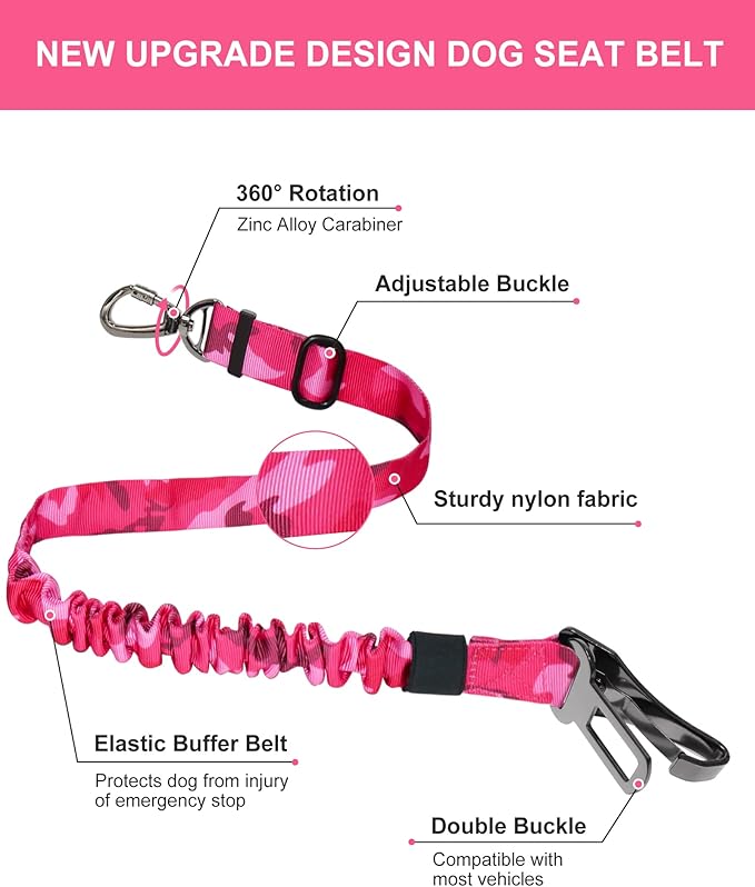 Hotsky Dog Seat Belt, Adjustable Safety Seatbelt 3-in-1 Car Harness for Dogs in Car Nylon Elastic Bungee Buffer Tether with Clip Hook Latch Buckle Swivel Zinc Alloy Carabiner(Hotpink Camo)