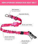 Hotsky Dog Seat Belt, Adjustable Safety Seatbelt 3-in-1 Car Harness for Dogs in Car Nylon Elastic Bungee Buffer Tether with Clip Hook Latch Buckle Swivel Zinc Alloy Carabiner(Hotpink Camo)