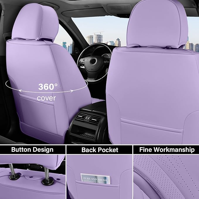Coverado Seat Covers Full Set, Waterproof Car Seat Covers, Leather Seat Cover for Cars, Front and Back Car Seat Protector, Universal Car Seat Cushions Automotive Accessories Fit for Most Cars, Purple