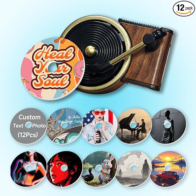 Custom 12-Pack Record Player Air Fresheners - Personalized Photo Text Air Freshener with Record Player Vent Clip, Customized Vinyl Record Air Freshener for Car (A7-Record Player - 12Pcs)